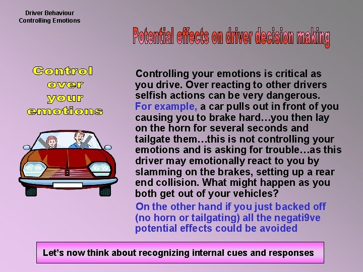 Driver Behaviour Controlling Emotions Controlling your emotions is critical as you drive. Over reacting