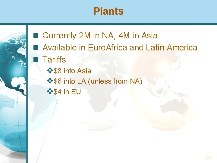 Plants Currently 2 M in NA, 4 M in Asia Available in Euro. Africa