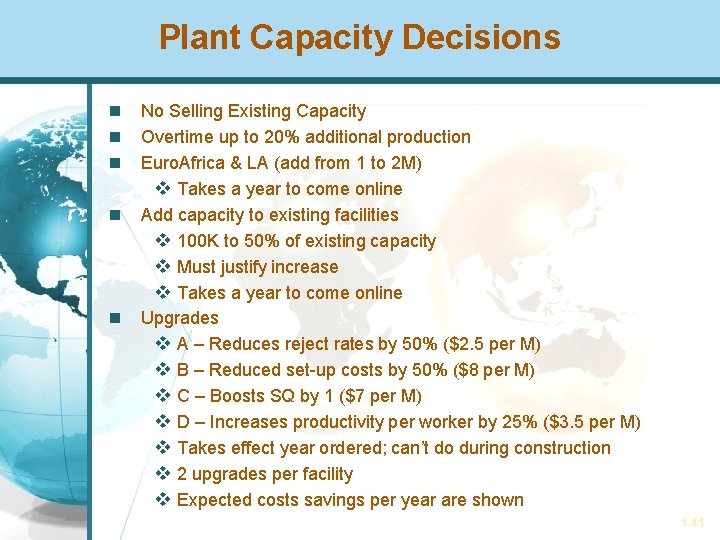 Plant Capacity Decisions No Selling Existing Capacity Overtime up to 20% additional production Euro.