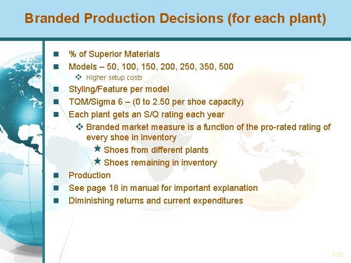 Branded Production Decisions (for each plant) % of Superior Materials Models – 50, 100,