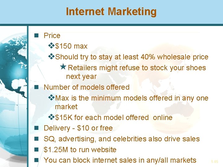 Internet Marketing Price v$150 max v. Should try to stay at least 40% wholesale