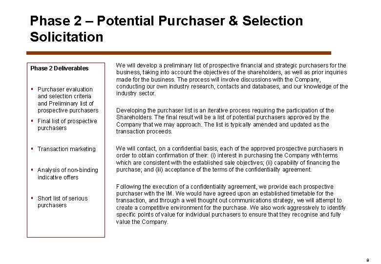 Phase 2 – Potential Purchaser & Selection Solicitation Phase 2 Deliverables § Purchaser evaluation