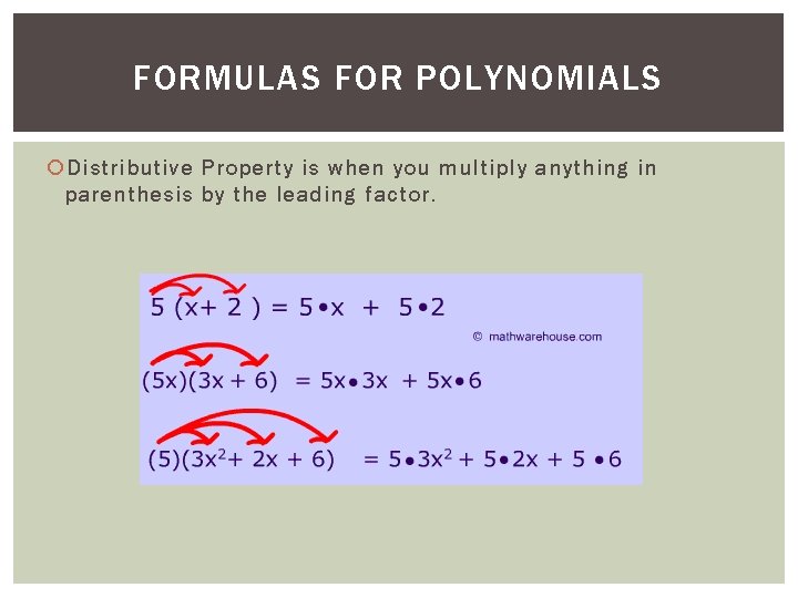 FORMULAS FOR POLYNOMIALS Distributive Property is when you multiply anything in parenthesis by the