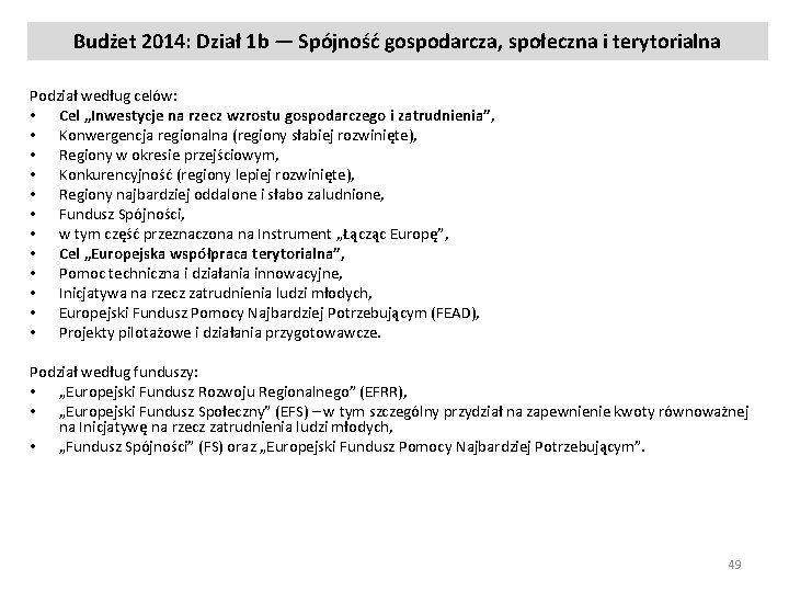 Budżet 2014: Dział 1 b — Spójność gospodarcza, społeczna i terytorialna Podział według celów: