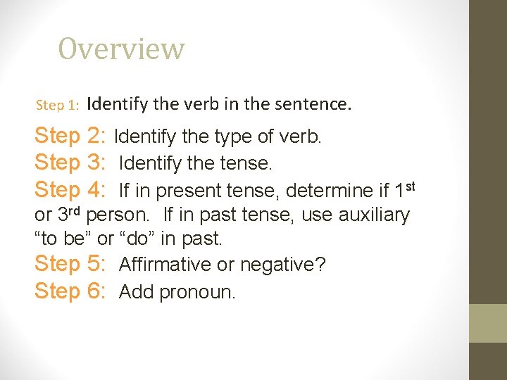 Overview Step 1: Identify the verb in the sentence. Step 2: Identify the type