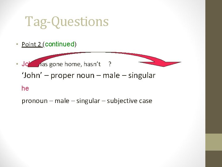 Tag-Questions • Point 2 (continued) • John has gone home, hasn’t ? ‘John’ –