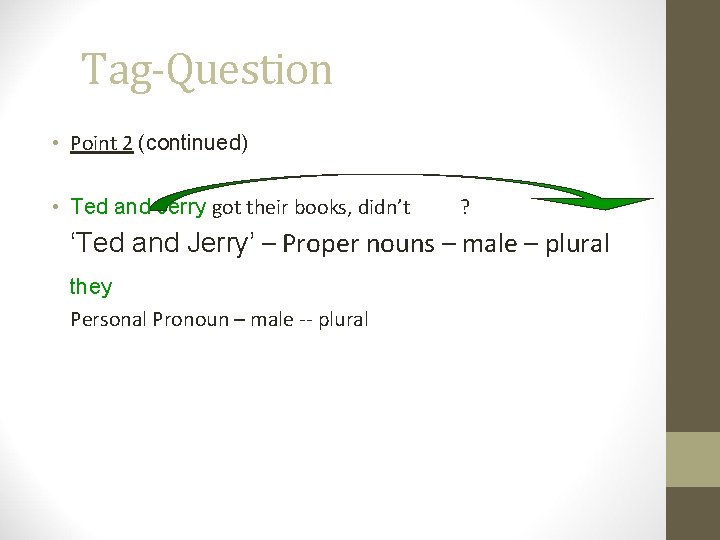 Tag-Question • Point 2 (continued) • Ted and Jerry got their books, didn’t ?