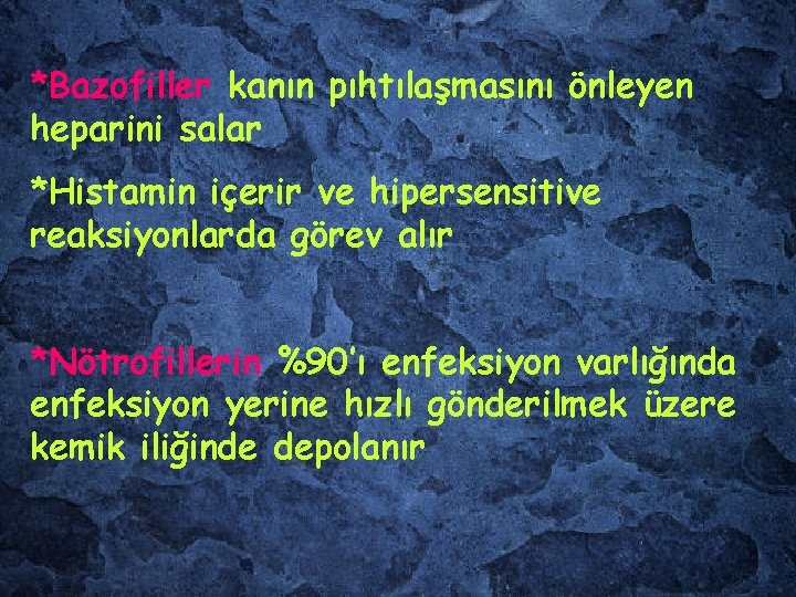 *Bazofiller kanın pıhtılaşmasını önleyen heparini salar *Histamin içerir ve hipersensitive reaksiyonlarda görev alır *Nötrofillerin