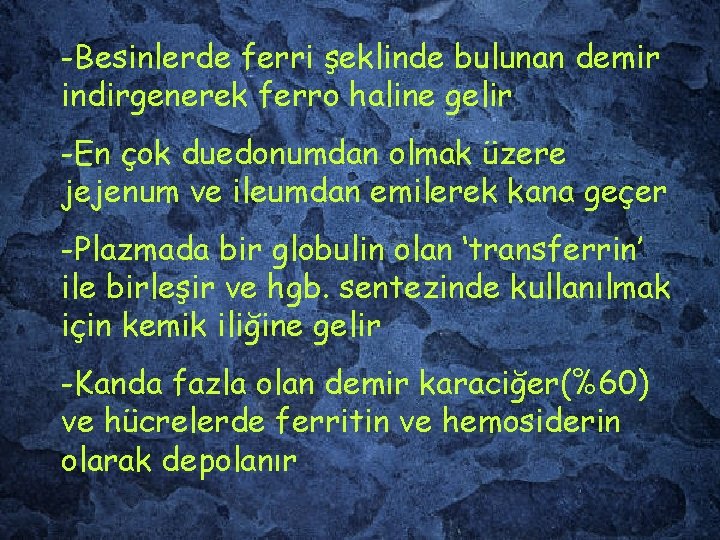 -Besinlerde ferri şeklinde bulunan demir indirgenerek ferro haline gelir -En çok duedonumdan olmak üzere