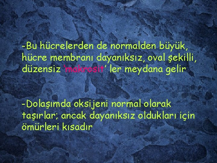 -Bu hücrelerden de normalden büyük, hücre membranı dayanıksız, oval şekilli, düzensiz ‘makrosit’ ler meydana