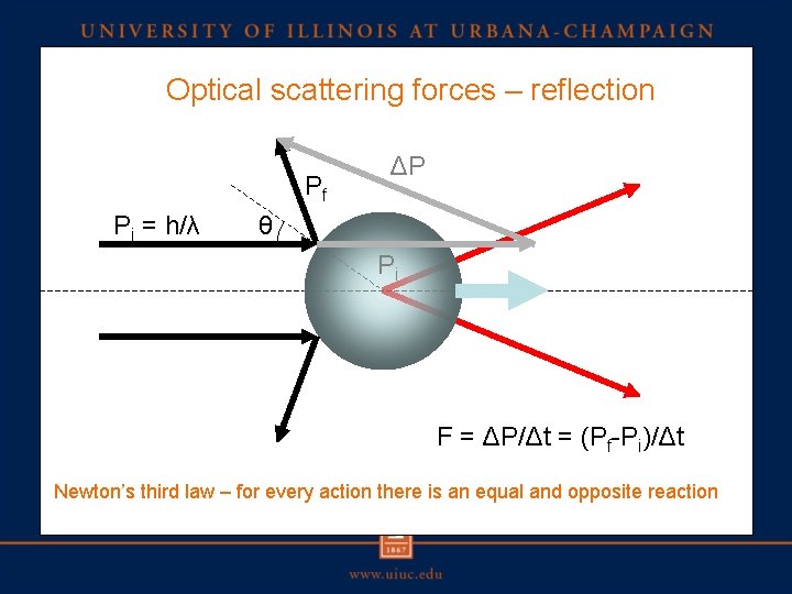 Optical scattering forces – reflection Pf Pi = h/λ ΔP θ Pi F =