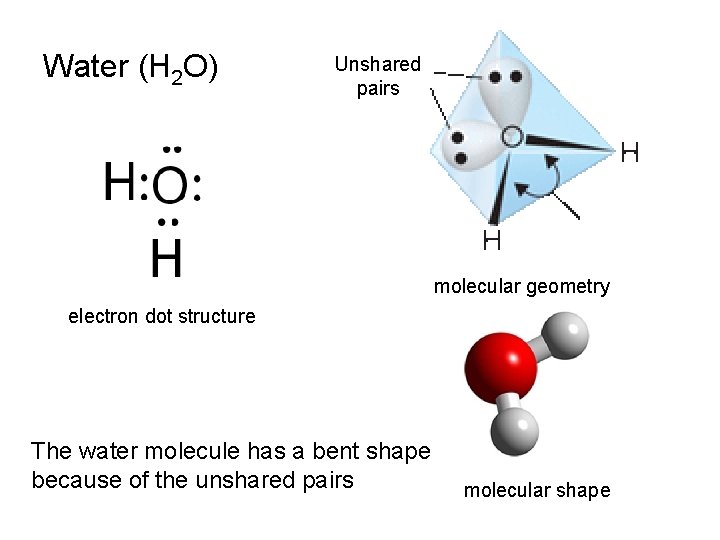 Water (H 2 O) Unshared pairs molecular geometry electron dot structure The water molecule