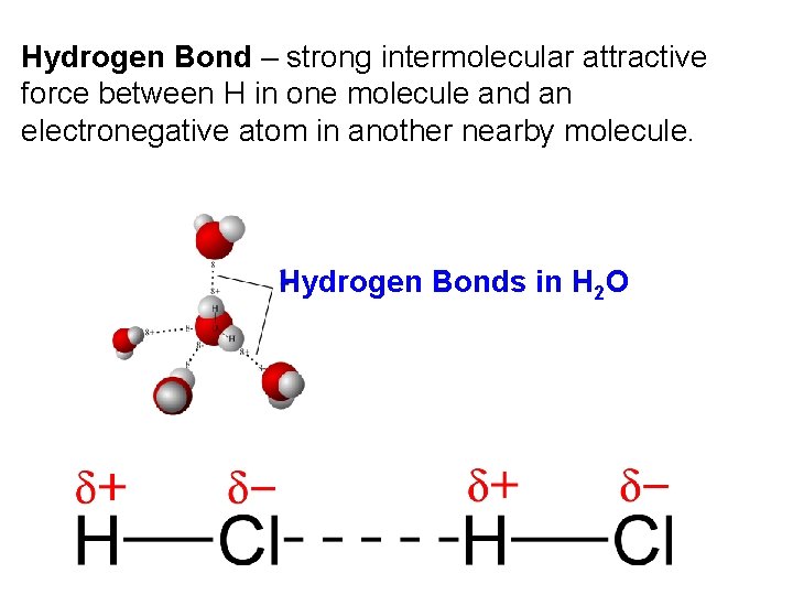 Hydrogen Bond – strong intermolecular attractive force between H in one molecule and an