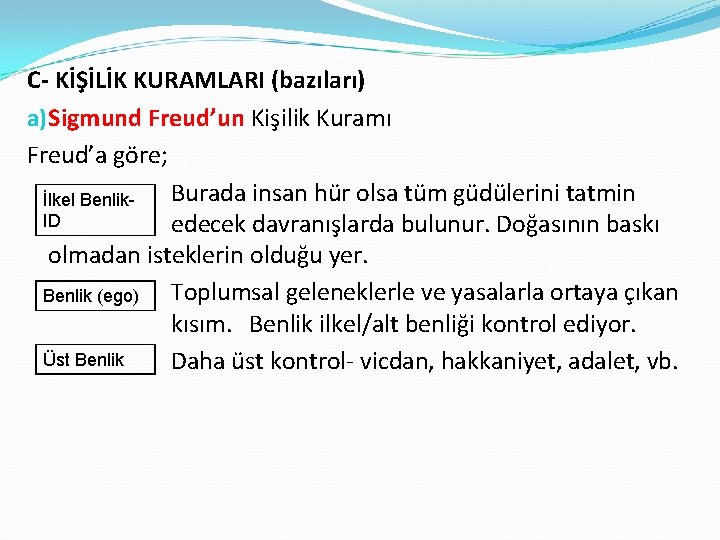 C- KİŞİLİK KURAMLARI (bazıları) a) Sigmund Freud’un Kişilik Kuramı Freud’a göre; Burada insan hür