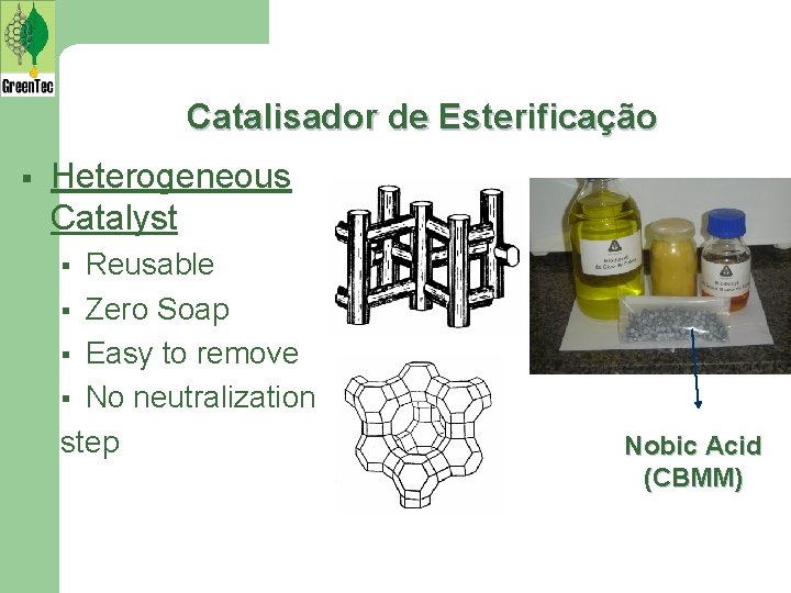 Catalisador de Esterificação § Heterogeneous Catalyst Reusable § Zero Soap § Easy to remove