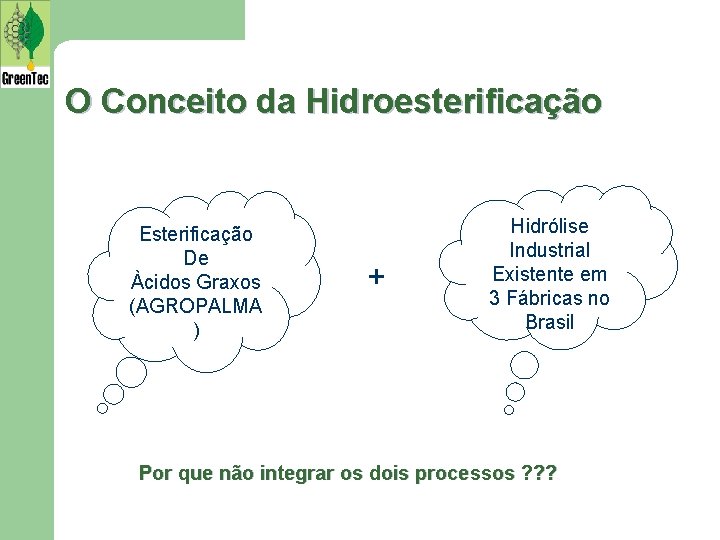 O Conceito da Hidroesterificação Esterificação De Àcidos Graxos (AGROPALMA ) + Hidrólise Industrial Existente