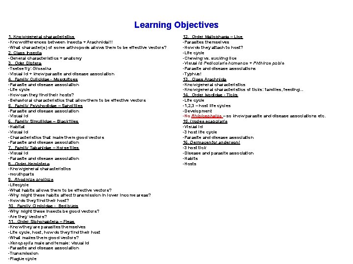 Learning Objectives 1. Know general characteristics -Know differences between Insecta + Arachnida!!! -What character(s)