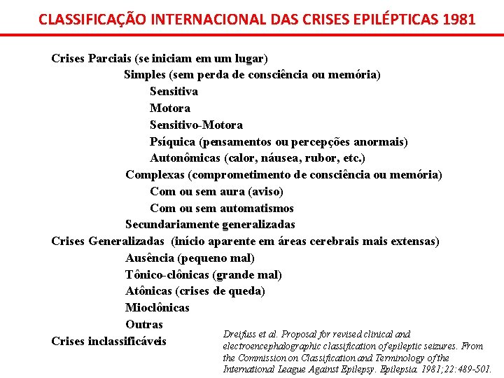 CLASSIFICAÇÃO INTERNACIONAL DAS CRISES EPILÉPTICAS 1981 Crises Parciais (se iniciam em um lugar) Simples