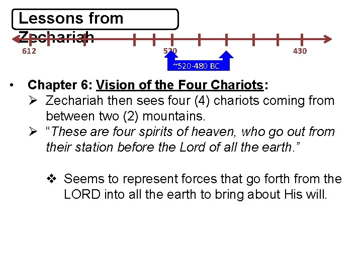 Lessons from Zechariah 612 520 430 ~520 -480 BC • Chapter 6: Vision of