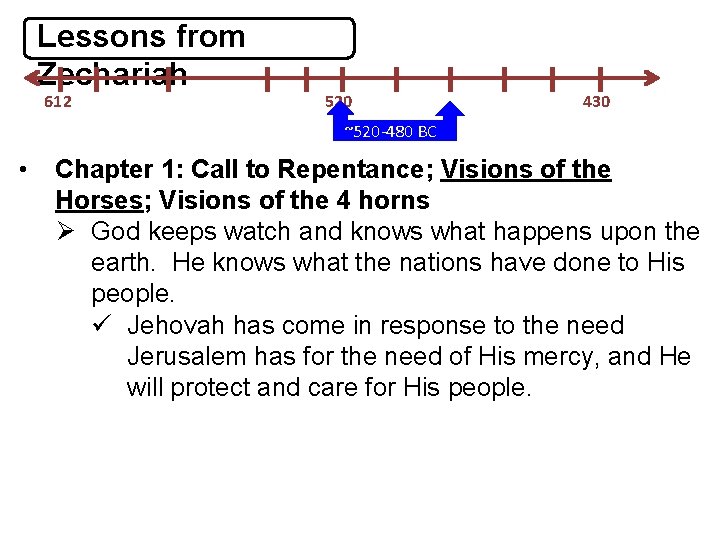 Lessons from Zechariah 612 520 430 ~520 -480 BC • Chapter 1: Call to