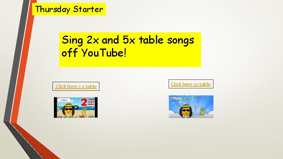 Thursday Starter Sing 2 x and 5 x table songs off You. Tube! Click Thursday Starter Sing 2 x and 5 x table songs off You. Tube! Click