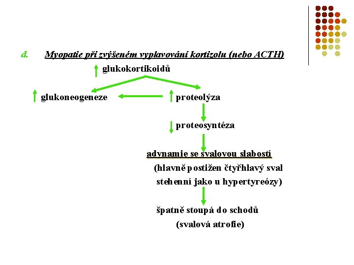 d. Myopatie při zvýšeném vyplavování kortizolu (nebo ACTH) glukokortikoidů glukoneogeneze proteolýza proteosyntéza adynamie se