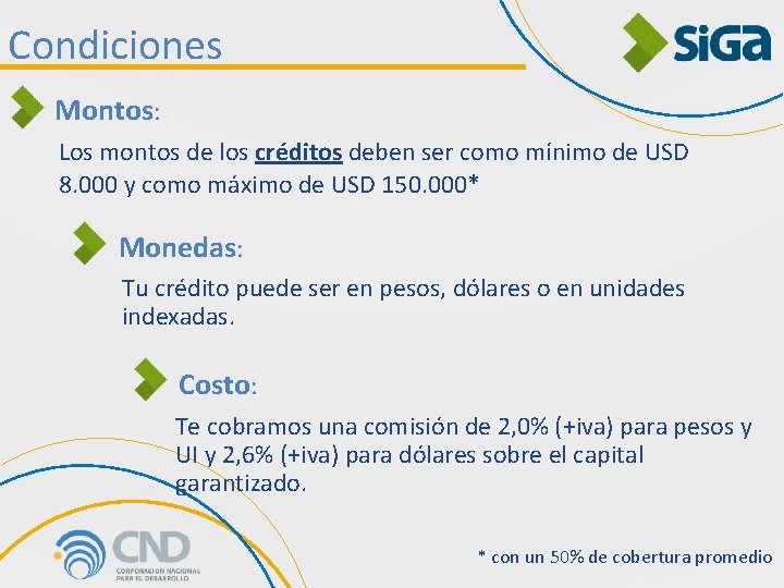 Condiciones Montos: Los montos de los créditos deben ser como mínimo de USD 8.