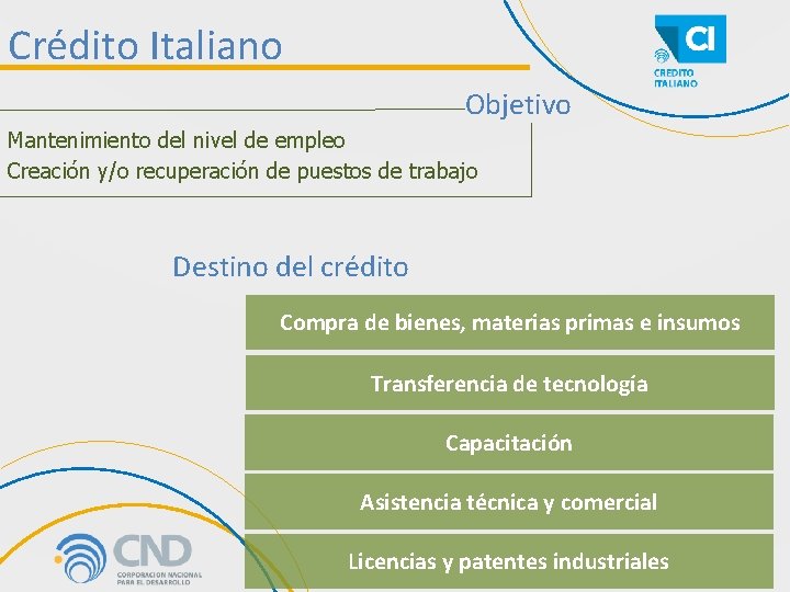 Crédito Italiano Objetivo Mantenimiento del nivel de empleo Creación y/o recuperación de puestos de