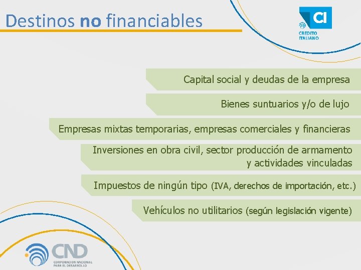 Destinos no financiables Capital social y deudas de la empresa Bienes suntuarios y/o de