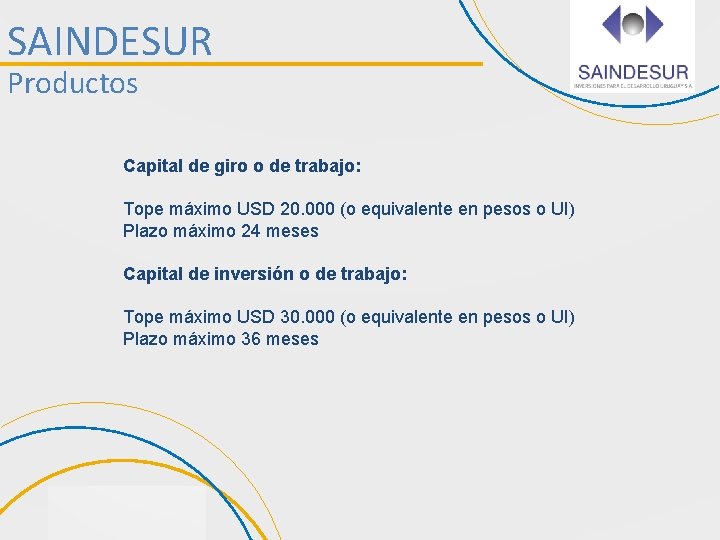 SAINDESUR Productos Capital de giro o de trabajo: Tope máximo USD 20. 000 (o