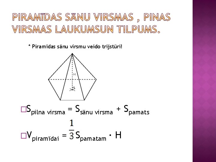 * Piramīdas sānu virsmu veido trijstūri! �Spilna virsma = �Vpiramīdai Ssānu virsma + Spamats