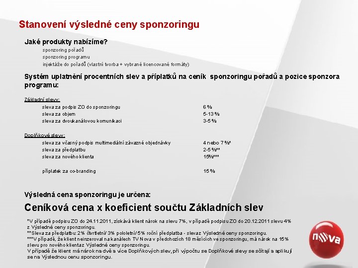 Stanovení výsledné ceny sponzoringu Jaké produkty nabízíme? sponzoring pořadů sponzoring programu injektáže do pořadů