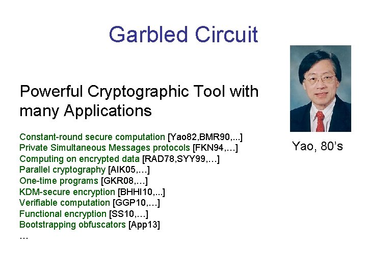 Garbled Circuit Powerful Cryptographic Tool with many Applications Constant-round secure computation [Yao 82, BMR