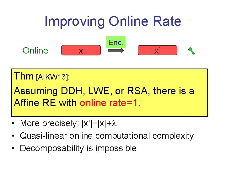 Improving Online Rate Online x Encr x’ Thm [AIKW 13]: Assuming DDH, LWE, or