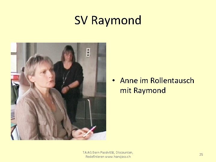 SV Raymond • Anne im Rollentausch mit Raymond TA AG Bern Passivität, Discounten, Redefinieren