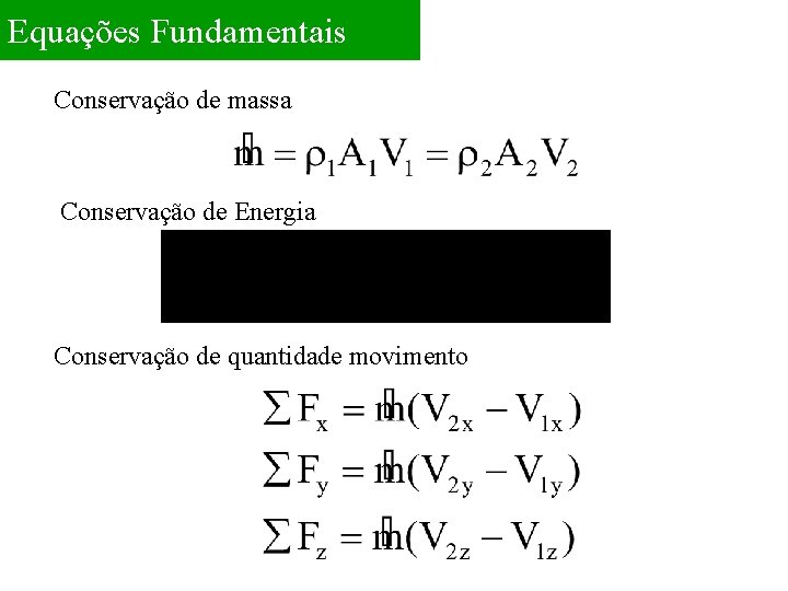 Equações Fundamentais Conservação de massa Conservação de Energia Conservação de quantidade movimento 