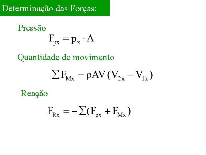 Determinação das Forças: Pressão Quantidade de movimento Reação 