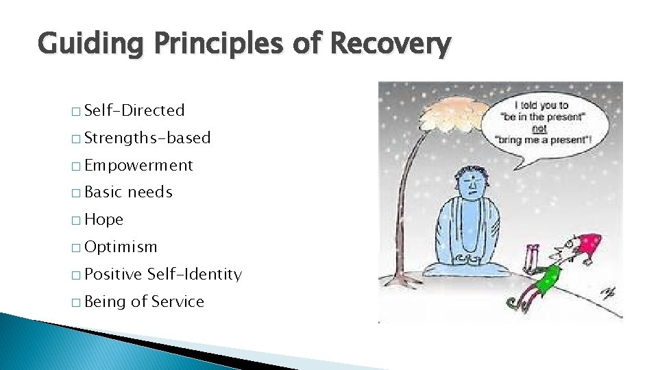 Guiding Principles of Recovery � Self-Directed � Strengths-based � Empowerment � Basic needs �