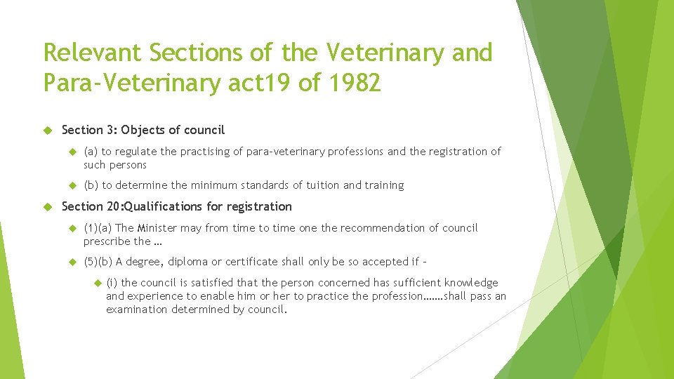 Relevant Sections of the Veterinary and Para-Veterinary act 19 of 1982 Section 3: Objects
