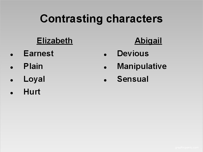 Contrasting characters Elizabeth Abigail Earnest Devious Plain Manipulative Loyal Sensual Hurt 