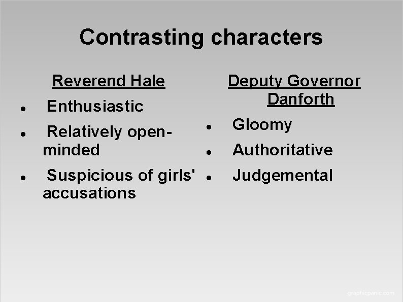 Contrasting characters Reverend Hale Deputy Governor Danforth Enthusiastic Relatively openminded Suspicious of girls' accusations