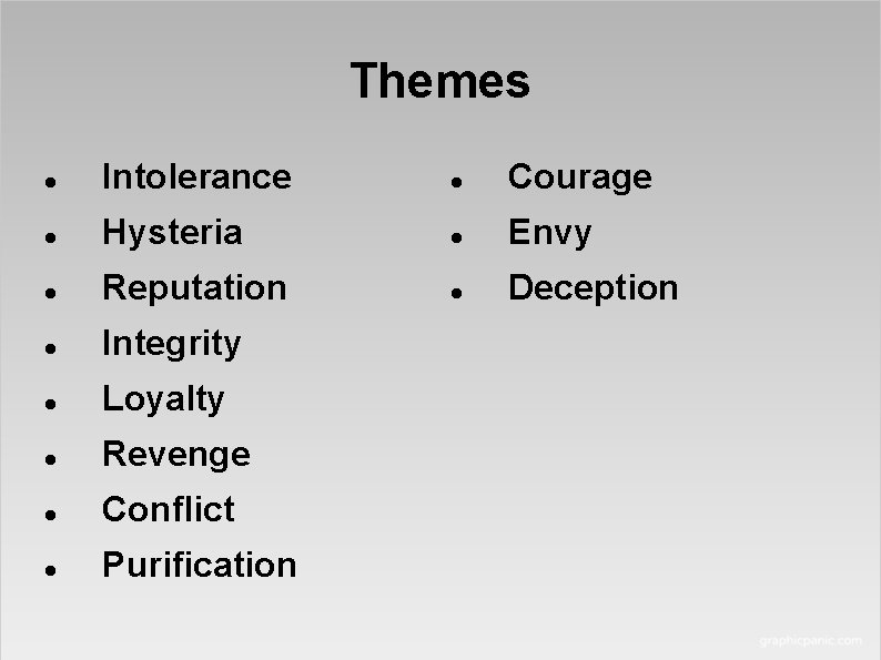 Themes Intolerance Courage Hysteria Envy Reputation Deception Integrity Loyalty Revenge Conflict Purification 