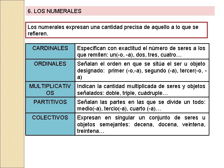 6. LOS NUMERALES Los numerales expresan una cantidad precisa de aquello a lo que