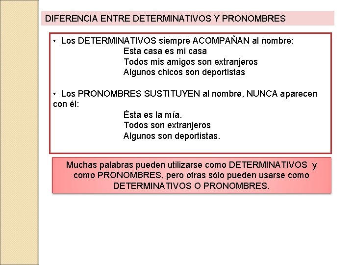 DIFERENCIA ENTRE DETERMINATIVOS Y PRONOMBRES • Los DETERMINATIVOS siempre ACOMPAÑAN al nombre: Esta casa