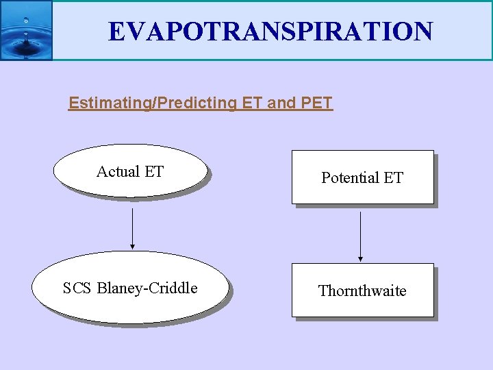 EVAPOTRANSPIRATION Estimating/Predicting ET and PET Actual ET Potential ET SCS Blaney-Criddle Thornthwaite 