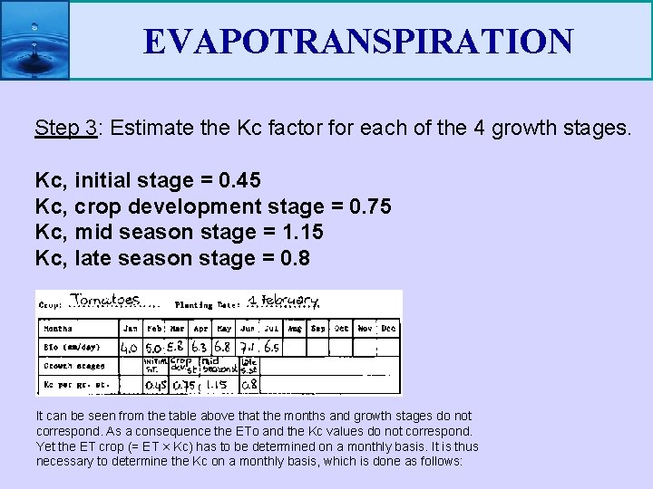 EVAPOTRANSPIRATION Step 3: Estimate the Kc factor for each of the 4 growth stages.