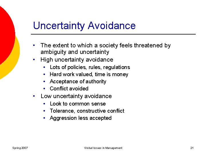 Uncertainty Avoidance • The extent to which a society feels threatened by ambiguity and