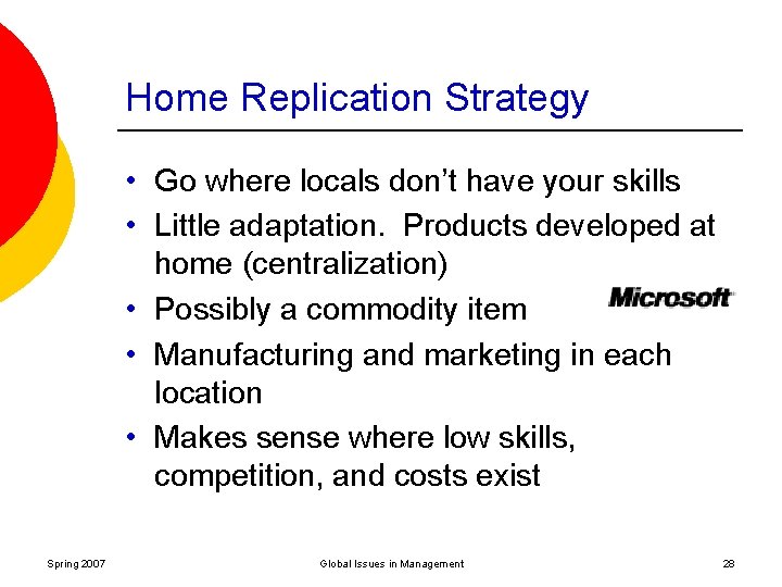 Home Replication Strategy • Go where locals don’t have your skills • Little adaptation.