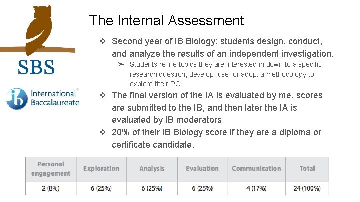 The Internal Assessment ❖ Second year of IB Biology: students design, conduct, and analyze