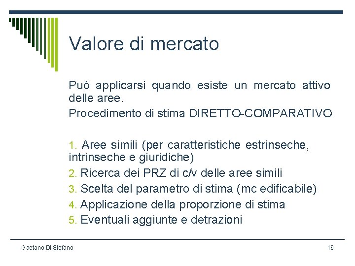 Valore di mercato Può applicarsi quando esiste un mercato attivo delle aree. Procedimento di